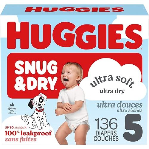 Huggies Size 5 Diapers, Snug & Dry Baby Diapers, Size 5 (25-37 lb.), 136 Count, Packaging May Vary