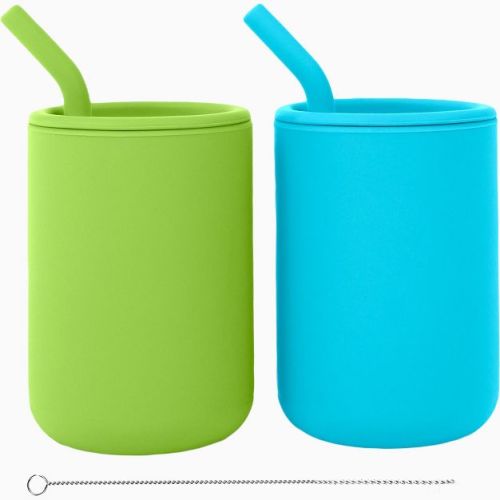 WeeSprout Silicone Baby Cups With Straws and Lids, 8 oz, Set of 2
