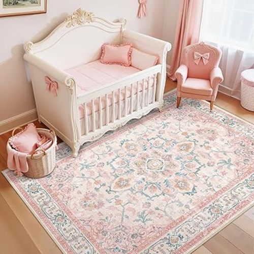 Machine Washable Rugs Nursery Rug 3x5 Cute Girl Non Slip Low Pile Water Repellent Soft Print Pattern for Bedroom Indoor Decor Kids Playroom Pink Teal