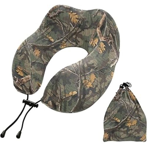Woods Camouflage Travel Pillow Travel Neck Pillows for Sleeping Airplane Memory Foam Neck Pillow Head Support Plane Pillow with Storage Bag for Women Girls Boys Airplane Car Train Bus