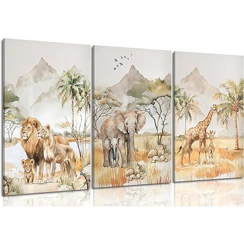 Safari Animals Nursery Wall Art Woodland Animals Nursery Wall Decor Cute Giraffe Elephant Lion Picture Painting Tropical Savanna Poster Print Artwork for Baby Room Boy Room Kids Room Decoration