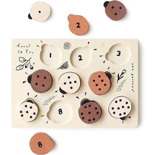 Wee Gallery Wooden Tray Puzzle Count to Ten Ladybugs, Montessori Toy for Toddlers and Preschoolers for Early Learning and Fine Motor Skill Development, Sustainable Educational Puzzle for Kids