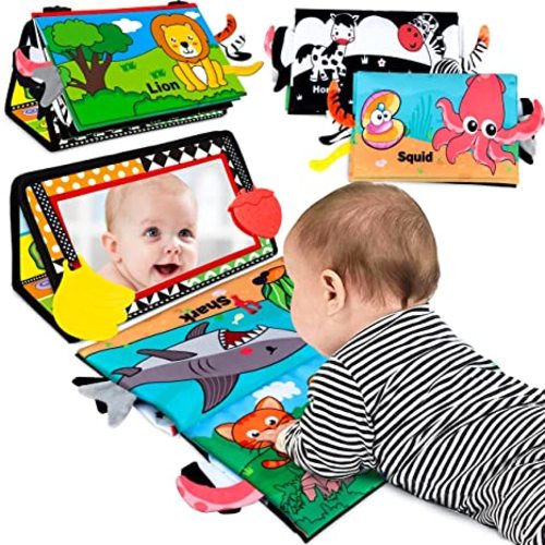 Tummy Time Toys 0-6 Months: Baby Mirror Toy with Crinkle Book Teether | Black and White High Contrast Baby Toys for Newborn - Montessori Sensory Infant Toy 0-3-6-12 Months - Boy Girl Shower Gifts