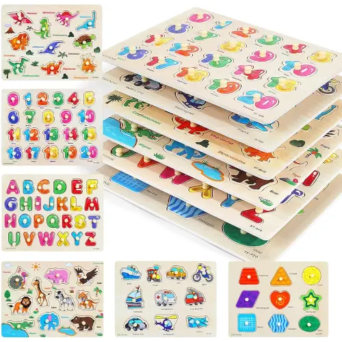 GRINNNIE Wooden Peg Puzzle for Toddlers, 6 Pack Toddler Puzzles Set for 3 4 5 Years Old (Alphabet Number Shape Animal Dinosaur Vehicle), Preschool Education Learning Puzzle Toys for Girls and Boys