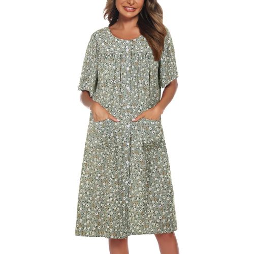 COSUNIONY House Dresses for Women Cotton Short Sleeve House Coat Buttons Down Dusters Robe with Pockets S-XXL