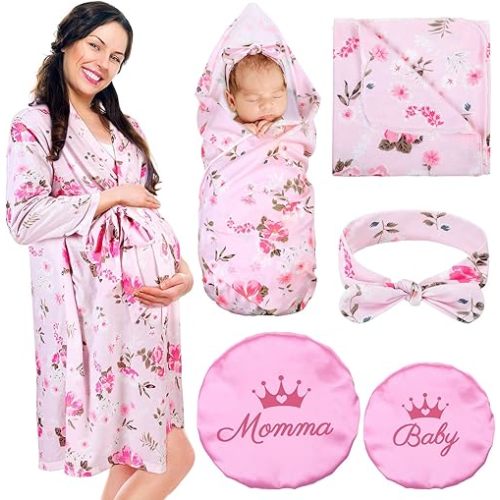 Mepase 5 Pcs Mommy and Me Hospital Matching Outfits Maternity Robe Swaddle Blanket Baby Girl Boys Headband Hat for Mom Baby