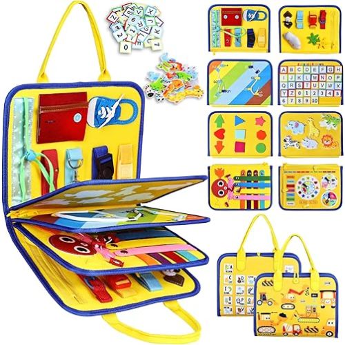 Esjay Toddler Busy Board Montessori Toys for Boys Girls, Sensory Book Educational Activities for Learning Fine Motor Skills, Birthday Gifts for Toddlers, Travel Toys for Airplane Car,Yellow Multipages