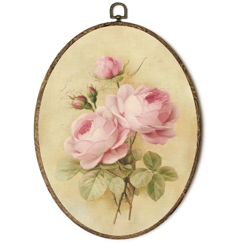 OINDADE Vintage Pink Peony Oval Wall Art Decor, Shabby Chic Decor Wall Art Hanging, Vintage Retro Flowers WallDecor, Pink Coquette Floral Flower Framed Canvas Artwork for Home Living Room, 8.8x11.5in
