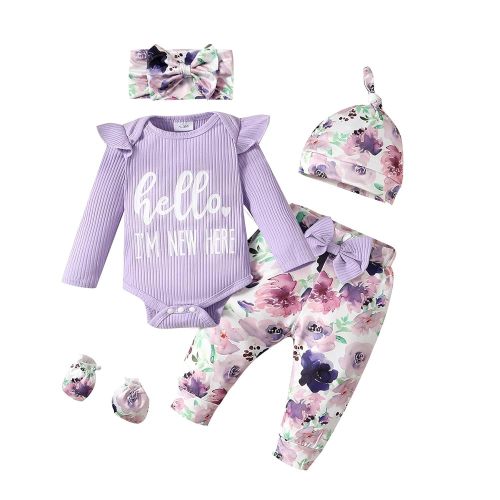 Sinhoon Newborn Baby Girl Clothes Hello I'm New Here Letter Romper+Floral Pants+Hat+Headband+Coming Home Outfits