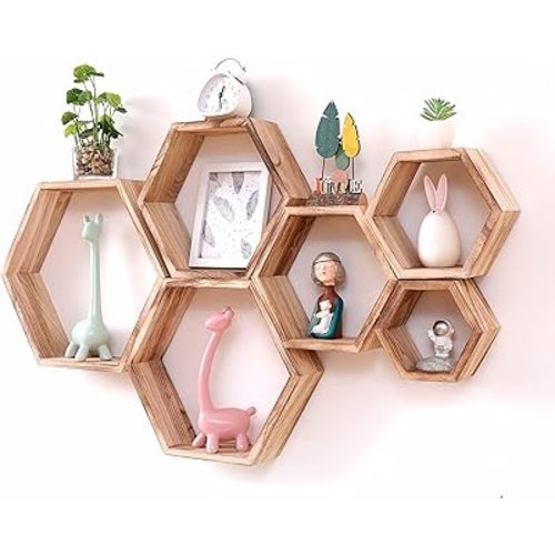 WONFUlity Hexagon Floating Shelves Honeycomb Wall Mounted Wood Farmhouse Storage for Bathroom, Kitchen, Bedroom, Living Room - Driftwood Finish, Light Brown
