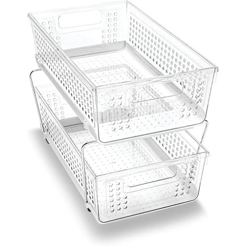 madesmart 2 Tier Organizer, Multi-Purpose Slide-Out Storage Baskets with Handles, Pack of 1, Plastic, Clear