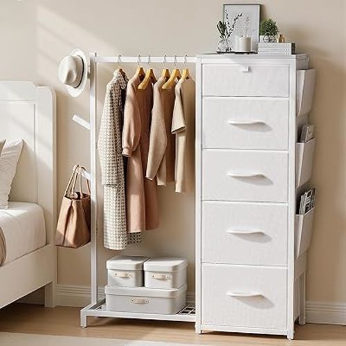 Luxspire Dresser with Hanging Rack, Reversible Dresser for Bedroom with 5 Fabric Drawers & 3 Coat Racks & Side Pockets Small Dressers with Clothes Racks, White
