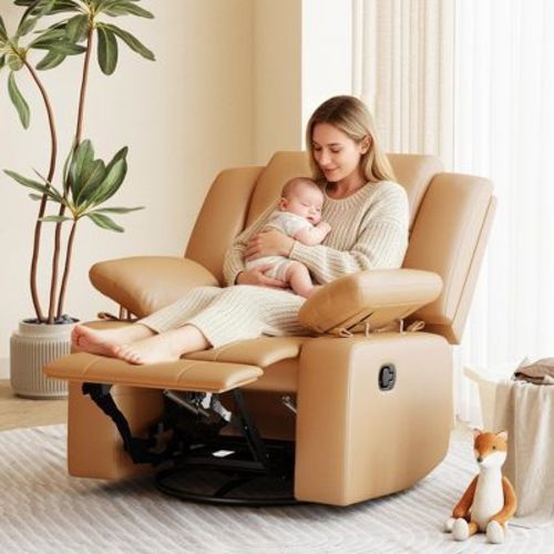 TYBOATLE Swivel Glider Recliner Chair - Brown Faux Leather - Manual Rocker with Adjustable Footrest for Nursing