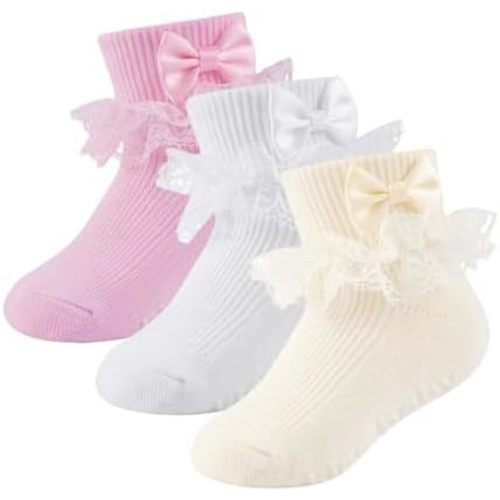 Baby Girl Ruffle Socks with Bow Grips Turn Cuff Ankle Lace Frilly Dress Socks for Newborn Infant Toddler Little Kids