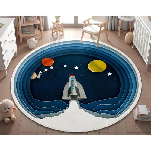 Space Themed Kid's Rug, Cute Astronauts Nursery Mat, Planets Children's Carpet, Washable Baby Rug, Boy's Room Decor, Pillow Case Gift