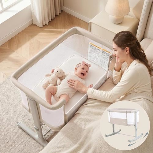 INFANS 3 in 1 Baby Bassinet, Bedside Sleeper for Newborn, Folding Crib with Mattress, Travel Bag, Wheels, 4-Sided Mesh, Easy to Assemble Cradle Co Sleeper Stationary, Rock (Beige)