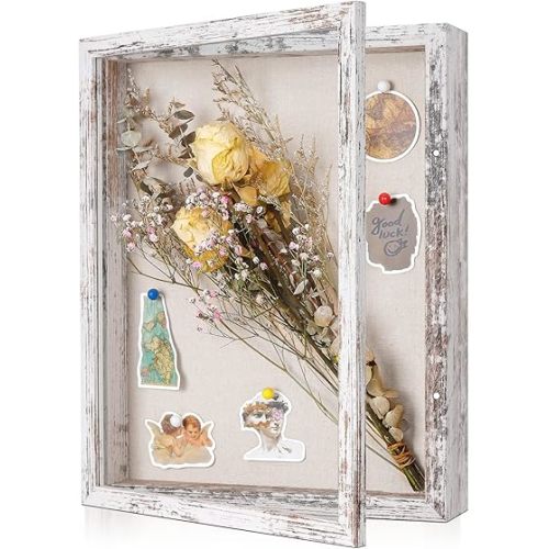 Califortree 12x16 Large Shadow Box Frame with Linen Back - Plexiglass Cover, Sturdy Rustic Memory Display Case of Flower, Pictures, Medals and More, Distressed White