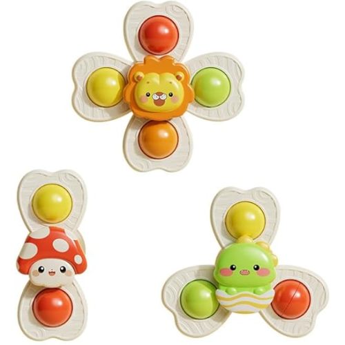 TJE Fidget Toys with Strong Suction Cups, Flower-Shaped Pop & Spin Sensory Spinners for Travel, Car Window & Tabletop Play, Kids Bath Toys, Assorted Colors (3 Pack)