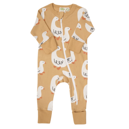 Organic Signature Print '2-Way' Zip Romper - Long Sleeve | Color: Honey Goose | Size: 0-3 months