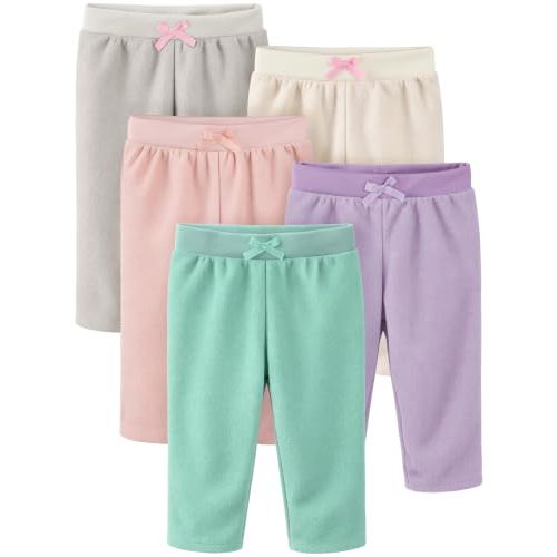5 Pack Baby Girls Pants, Fleece Infant Winter Warm Thermal PulL-On Joggers | 0-24M Newborn& Toddler Girls Bottoms,Straight Leg & Ankle Cuffs, Multi-Color,Warm,Soft, Sturdy & Machine Washable