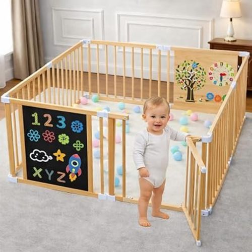 Foldable Wooden Playpen for Babies and Toddlers, 63x63x24 Inch
