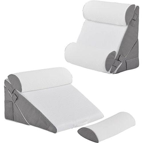 Bedluxe Adjustable 4pcs Bed Wedge Pillow Set, Memory Foam Wedge Pillows Post Surgery for Back, Neck, Leg Pain Relief, Pillow Wedge for Sleeping, Sitting up in Bed, Acid Reflux and GERD, White/Grey