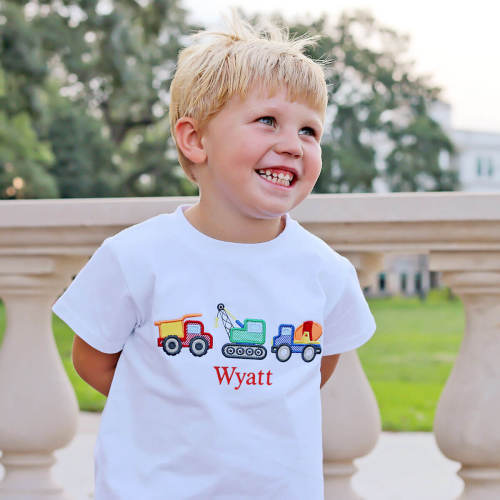 Construction Trucks Applique White Short Sleeve Shirt
