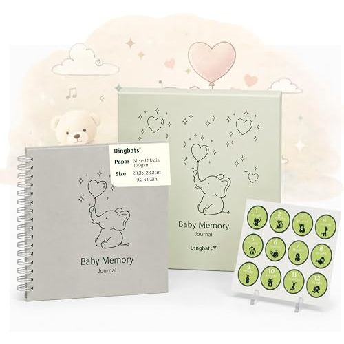 Dingbats* Gender Neutral Baby Memory Book - Thick Paper Spiral Hardcover Keepsake Baby Album with Stickers & Storage Pocket - Baby Journal to Record Milestones, Photos, Special Moments for Boy or Girl