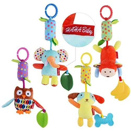 HAHA Baby Toys for 0 3 6 9 to 12 Months, Soft Hanging Crinkle Squeaky Sensory Learning Toy Infant Newborn Stroller Car Seat Crib Travel Activity Plush Animal Wind Chime with Teether for Boys Girls