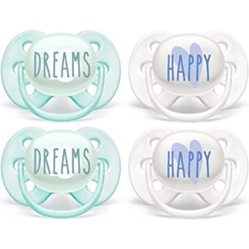 Philips AVENT Ultra Soft Pacifier 0-6 Months, Dreams and Happy Designs, 4 Pack, White/Green, SCF222/43