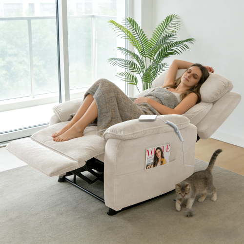 BSHTI 34.84" Power Recliner Chair with Remote, Chenille Upholstery, Solid Wood Frame, Side Storage Pockets, and Near-Flat Recline, Light Khaki