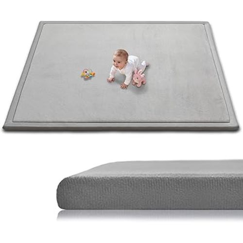 Baby Play Mat for Floor, 71'' x 59'' Thicken Foam Soft Padded Playmat for Tummy Time, Playpen Mat for Toddlers Infant Kids, Water-Repellent Coral Velvet, Non-Slip Bottom Safe for Crawling, Light Grey