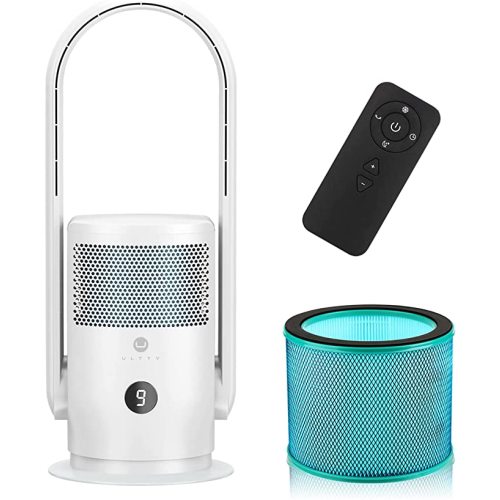 ULTTY Bladeless Tower Fan with Air Purifier, 90° Oscillating Bladeless Fan with Remote, Touch, 8H Timer, Floor Fans for Bedroom Whole Room Home Office R021, White