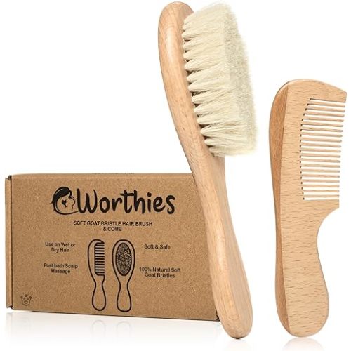Baby Hair Brush & Comb Set, Wood Hair Brush with Soft Goat Bristles and Comb, Newborn Infant & Toddler for Cradle Cap