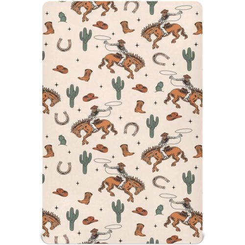 Western Cowboys America Crib Sheets for Boys Girl Retro Cowboy Boots Hat Horse Cactus Mattress Cover Unisex Toddler Baby Bed Sheets Fitted Standard Crib Sheets 28x52 Inch
