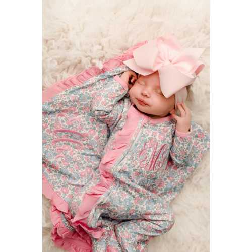 baby girl coming home outfit, grand millennial monogrammed coming home outfit, sk creations, zip footie, ruffle outfit, floral BP