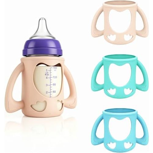3-Pack Silicone Sleeves for New Lansinoh Glass Bottles, BPA-Free Drop-Resistant Baby Bottle Sleeves with Handles, Compatible with Lansinoh Anti-Colic Glass Baby Bottles (5 oz)
