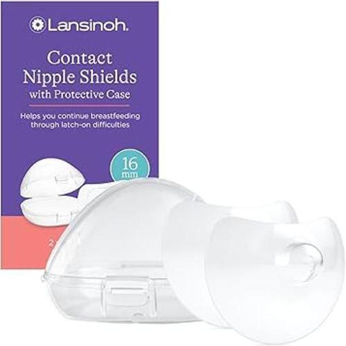 Lansinoh Contact Nipple Shields for Nursing Mothers, Ultra-Thin Soft & Flexible Medical-Grade Silicone Shields Designed for Sensitive Nipples and Latch-On Support, with Protective Case, 16mm, 2 Count