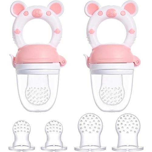 JOCHEBED Baby Fruit Food Feeder Pacifier, Silicone Teething Relief Toy, 2-Pack with 6 BPA-Free Pouches, Light Pink, 3-24 Months