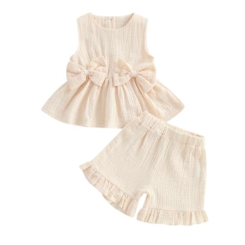 Kupretty Toddler Baby Girl Clothes Summer Linen Outfit Bows Ruffle Tank Tops Shirts + Ruffled Short Set 12 18 24 Month 2T 3T