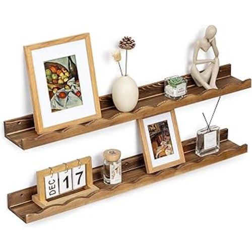 Fun Memories Picture Ledge Shelf for Wall, 36 inch Pine Wood Nursery Book Shelves Set of 2- Wall Book Shelves for Kids Room, Home Decor - Kitchen Spice-Carbonized