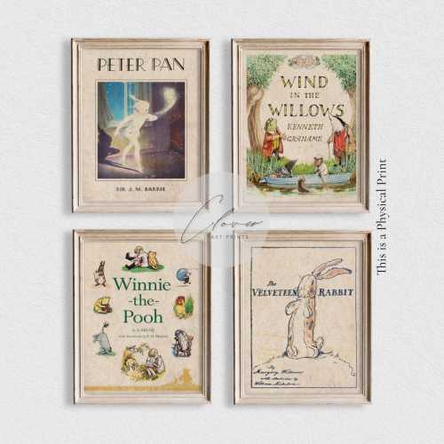 Classic Children’s Book Art Set of 4 - PHYSICAL Posters | Vintage Peter Pan, Winnie the Pooh, Wind in the Willows, Velveteen Rabbit Prints