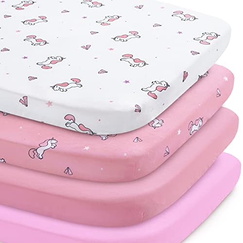 Mini Crib Sheets Set for Girls, 4 Pack, Mini Portable Crib Sheets for Girs (38" X 24") | Multiuse for Pack n Play, Playard, Playpen, Mini Crib, Pink Print