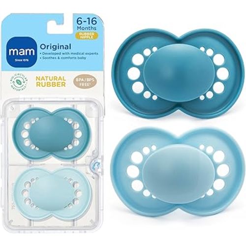 MAM Original Latex Pacifiers, Binky Pacifier for 6-16 Months, Natural Rubber Nipple, Made from Bio-Circular Materials, Easy to Clean, with Sterilizer Case, 2 Count Binkies