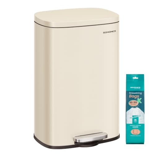 SONGMICS 13 Gallon (50 L) Trash Can, Stainless Steel Kitchen Garbage Can, Recycling or Waste Bin, Soft Close, Step-On Pedal, Removable Inner Bucket, Sand Beige ULTB050A01