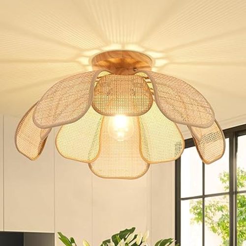 20 Inch Boho Flower Ceiling Light Flush Mount Rattan Light Fixture