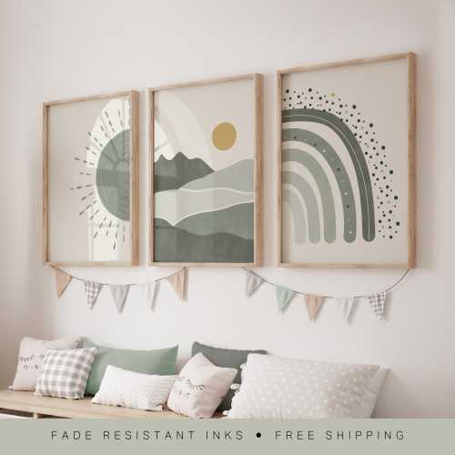 Sage Green Nursery Wall Art, Set of 3 Nursery Prints, Green Nursery Decor, Boho Nursery, Wall Art, Sunshine, Rainbow, Landscape, Baby Gifts