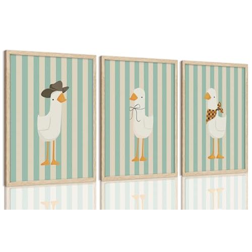 SongZest 3 Piece Framed Wall Art Cowboy Goose Wall Decor Animal Canvas Art Cute Pictures Funny Paintings Striped Prints Retro Artwork for Nursery Playroom Children Kids Baby