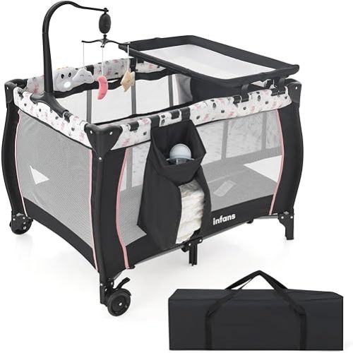 INFANS 3 in 1 Pack and Play, Portable Travel Baby Bassinet with Detachable Mattress, Changing Table, Foldable Playpen with Carry Bag, 2 Wheels (Cartoon)