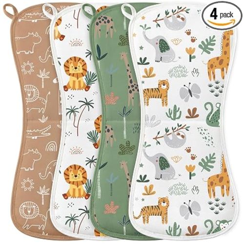 Burp Cloths Baby Boy, Large 21'' X 10'' Cotton Burping Cloths for Babies, Ultra Soft and Absorbent Burp Rags, 4 Pack Set Washcloths Newborn Spit Up Rags Green Animal